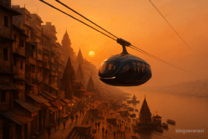 A cable car flying over Varanasi’s old lanes and ghats with the Ganga flowing below at sunrise.