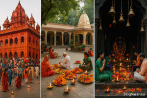 A collage of ancient temples in Varanasi, each with unique colors and architecture.