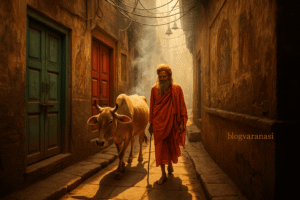 A narrow Varanasi gully with a cow, sadhu, and ancient temple-lined walls glowing in soft light. 
