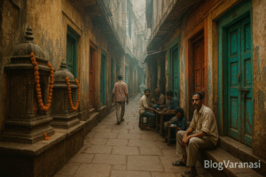 A spiritual alleyway in Varanasi with shrines and locals going about their day. 