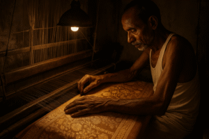 A traditional Banarasi weaver working on a golden silk saree in a handloom workshop. 