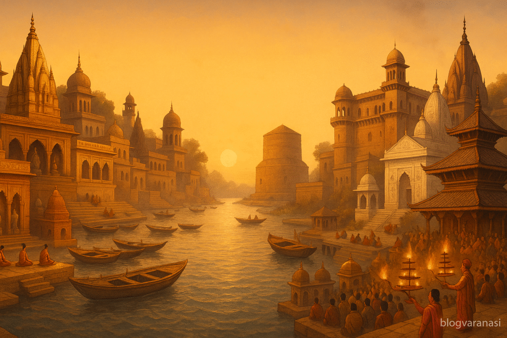 A vibrant artistic collage of Varanasi’s top 10 tourist destinations, including temples, ghats, forts, museums, and Sarnath, with the Ganges River flowing through the center, representing the city's spiritual and cultural essence.