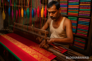 A weaver making a Banarasi silk saree and a shop showcasing vibrant sarees. 