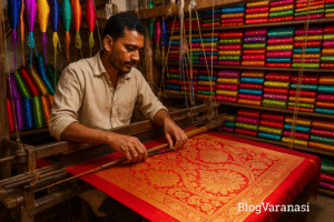 A weaver making a Banarasi silk saree and a shop showcasing vibrant sarees. 