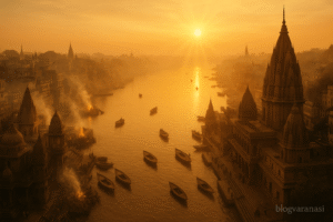 Aerial sunrise view of Varanasi with glowing Ganga River, temples, and boats in soft golden light. History of Varanasi