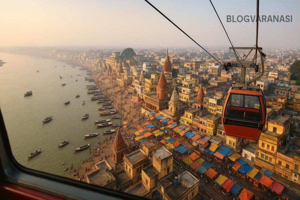 Aerial view from a cable car over Varanasi, showing ghats, temples, and the Ganga River.