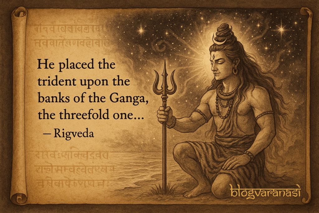 Artistic depiction of Lord Shiva founding Kashi with Rigveda verses and cosmic elements. 