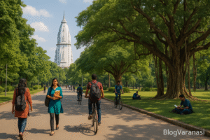 BHU campus with students walking and the New Vishwanath Temple in the distance. 