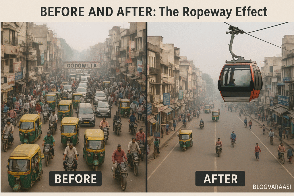 Comparison of crowded Godowlia traffic vs. peaceful ropeway travel above it.
