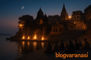 Cremation rituals at Manikarnika Ghat at twilight with glowing fires and peaceful ambience. 