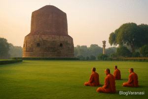 Dhamek Stupa and Ashoka Pillar at Sarnath, with monks and green lawns.