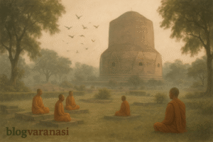 Dhamek Stupa at Sarnath surrounded by monks and early morning mist. 