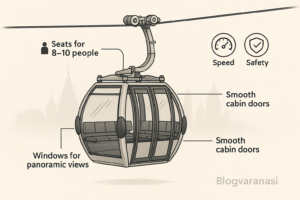 Diagram showing features of the Varanasi cable car gondola with seating and design details.