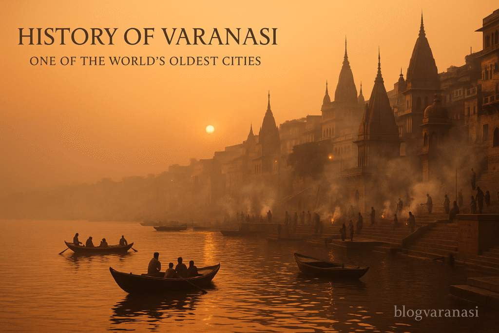 Feature image History of Varanasi-Varanasi’s ghats at sunrise with temples, boats, and golden mist over the Ganga River-min