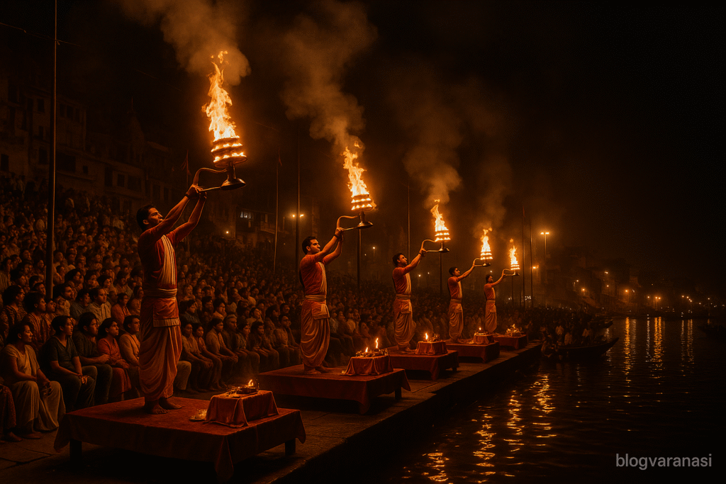 Ganga Aarti ceremony with priests holding lamps and crowds gathered on the steps.