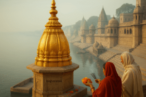 Golden spire of Kashi Vishwanath Temple with devotees offering prayers and incense. 