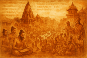 Illustrated historical scene of Varanasi during Maurya and Gupta periods with scholars and trade. 