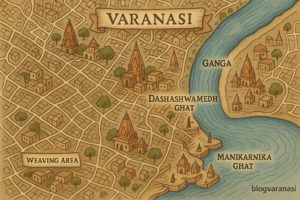 Illustrated map of Varanasi with the river, ghats, temples, and cultural zones marked.