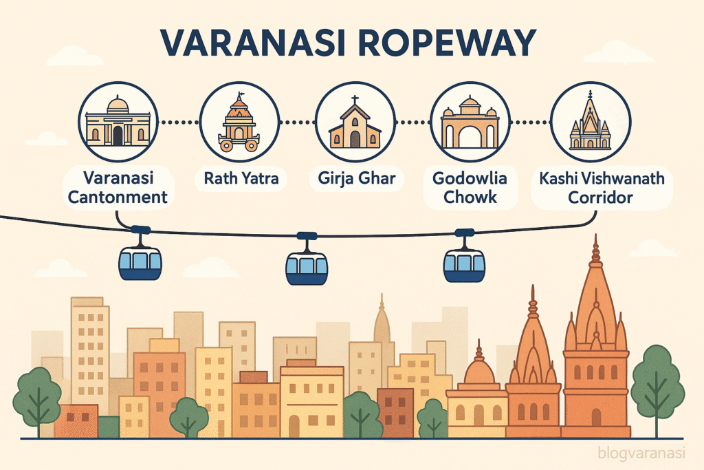 Illustrated route map of the Varanasi Cable Car showing all 5 major stations.