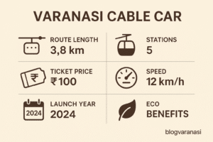 Infographic summarizing Varanasi Ropeway details like length, price, and stations.