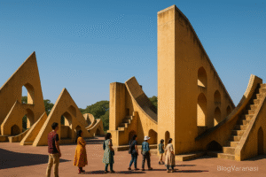 Jantar Mantar’s ancient stone instruments with tourists observing them. 