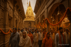 Kashi Vishwanath Temple with golden spire and devotees entering through the corridor.