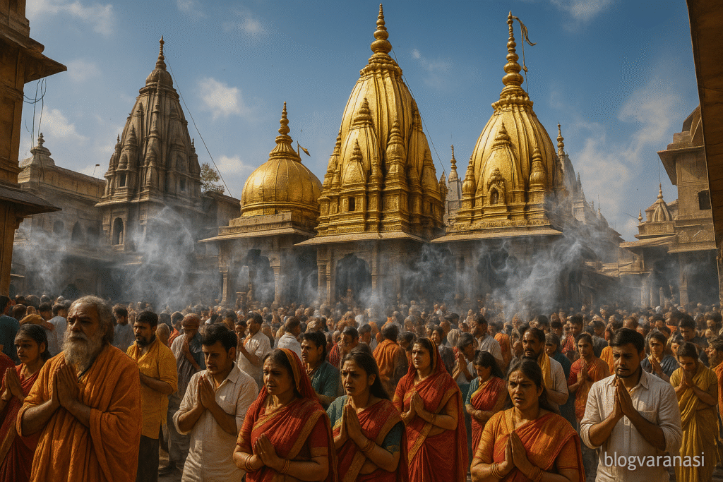 Kashi Vishwanath Temple with golden towers and devotees performing rituals.