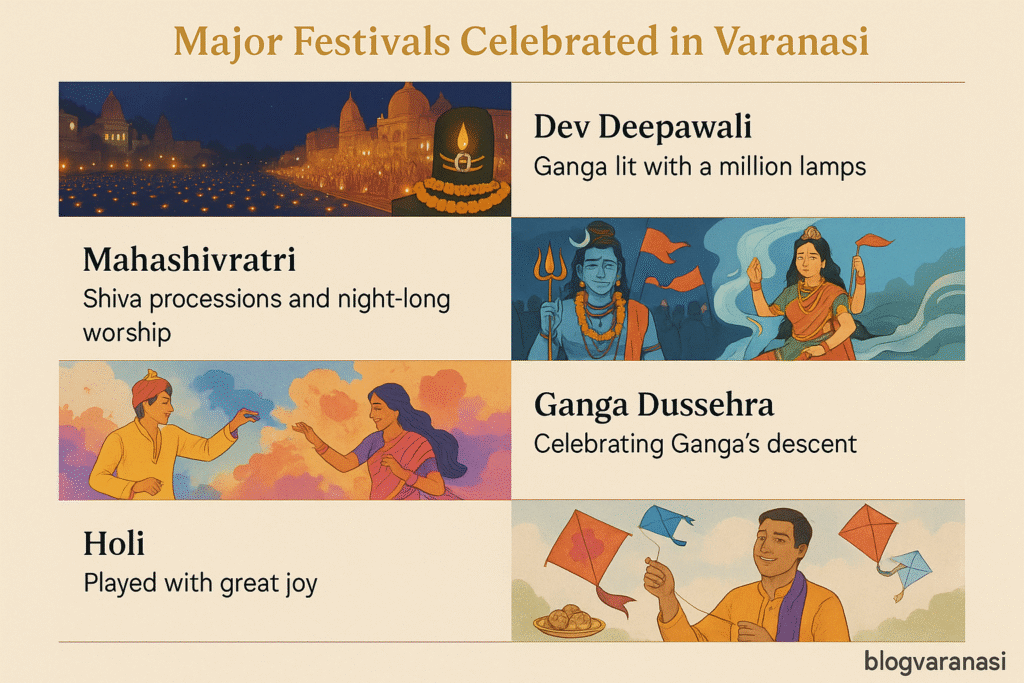Vibrant collage of Varanasi’s major festivals—Dev Deepawali’s glowing lamps on the Ganga, Shiva processions of Mahashivratri, joyful Holi colors, Makar Sankranti kites, and Ganga Dussehra rituals.