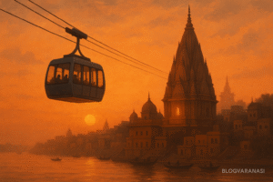 Cable car passing above Kashi Vishwanath Temple at sunset, symbolizing old meeting new. Varanasi Ropeway