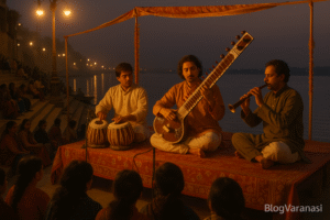 Musicians performing classical Indian music at Assi Ghat by the river. 