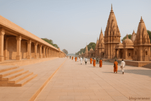 Newly developed Kashi Vishwanath Corridor with temple views and clean walkways. 