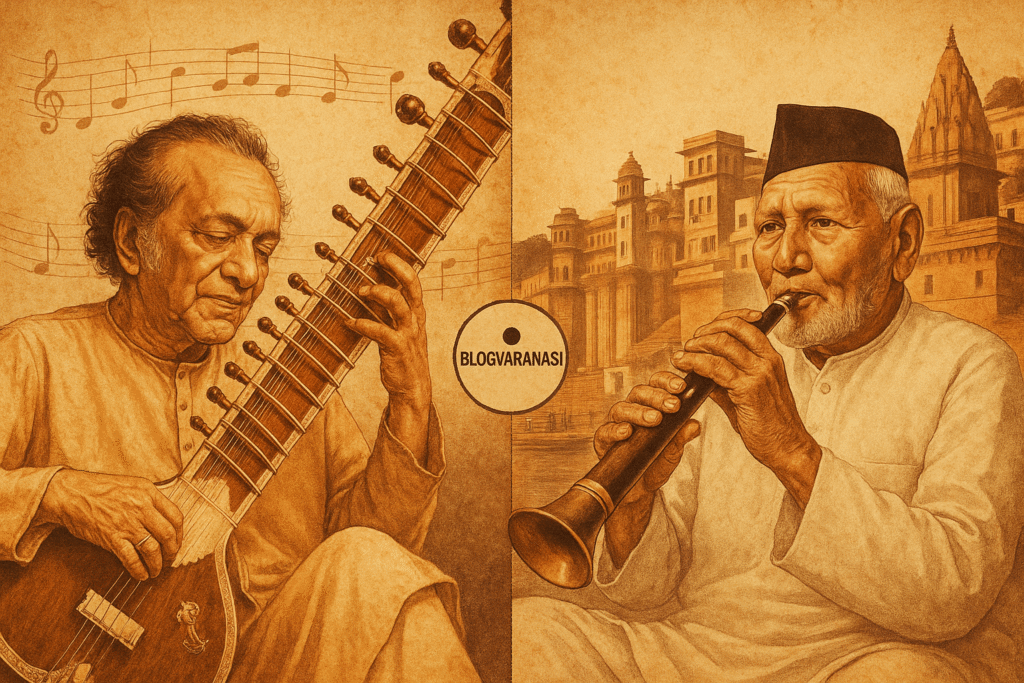 Portrait-style image of Pandit Ravi Shankar and Ustad Bismillah Khan with musical backdrops. 