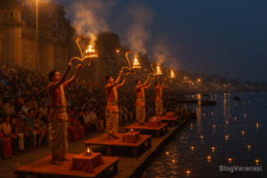 Priests performing the Ganga Aarti at Dashashwamedh Ghat with glowing lamps.