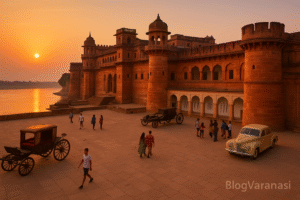 Ramnagar Fort with its grand facade, located on the Ganga River, at sunset. 
