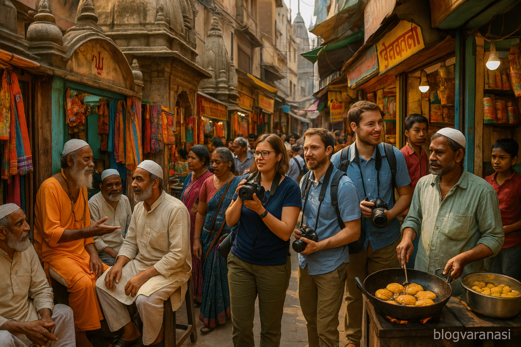 A street in Varanasi with people of different backgrounds interacting among shops and temples.