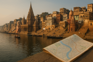 Sunrise at Varanasi Ghats with priests performing rituals on the steps of the Ganges River.png