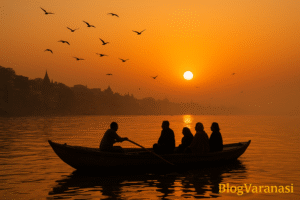 Sunrise boat ride on the Ganga River with golden reflections and quiet surroundings.