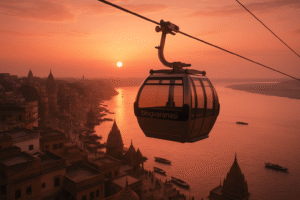 Sunset view of Varanasi cable car flying over the Ganga and ghats with glowing rooftops. 
