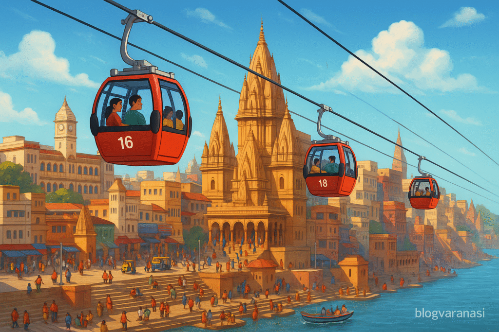 Illustration of Varanasi Cable Car (Ropeway) gliding above the city, showing gondolas passing over the Ganga River, temples, and busy streets with iconic landmarks like Kashi Vishwanath Temple and Varanasi Junction in the background.