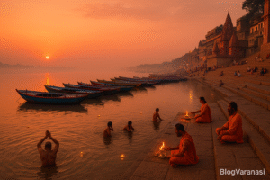 Varanasi ghats at sunrise, with people praying and floating diyas on the Ganga River.