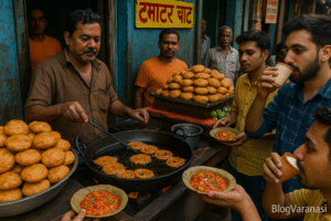 Varanasi street food scene with kachoris, jalebis, chaat, and lassi. 