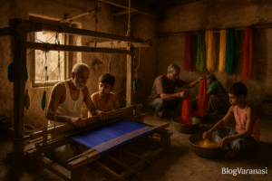 Weavers at work in a traditional Varanasi silk weaving village. 