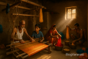 Weavers at work in a traditional Varanasi silk weaving village. 