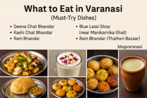 Varanasi street food highlights with iconic spots like Deena Chat, Blue Lassi, Ram Bhandar, and Baba Thandai in a lively gully scene.