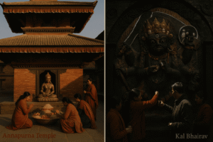 Annapurna Temple with food offerings and Kal Bhairav Temple with fierce deity and skull garland.

