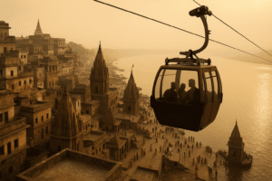 Cable car gliding over Varanasi ghats and temples, offering a bird’s-eye view of spiritual life.

