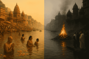 Contrast image of Dashashwamedh Ghat with morning rituals and Manikarnika Ghat with funeral pyres, divided by the Ganga.