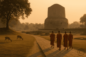 Dhamek Stupa at Sarnath with Buddhist monks walking nearby during sunrise.

