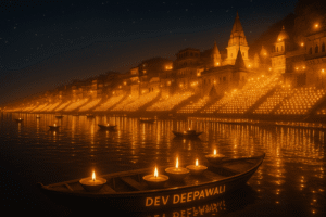 Ghats of Varanasi glowing with thousands of diyas during Dev Deepawali, reflected in the Ganga.

