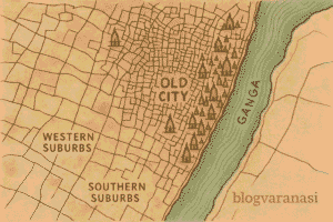 Illustrated city map of Varanasi showing Old City, ghats, suburbs, and Ganga boundary.